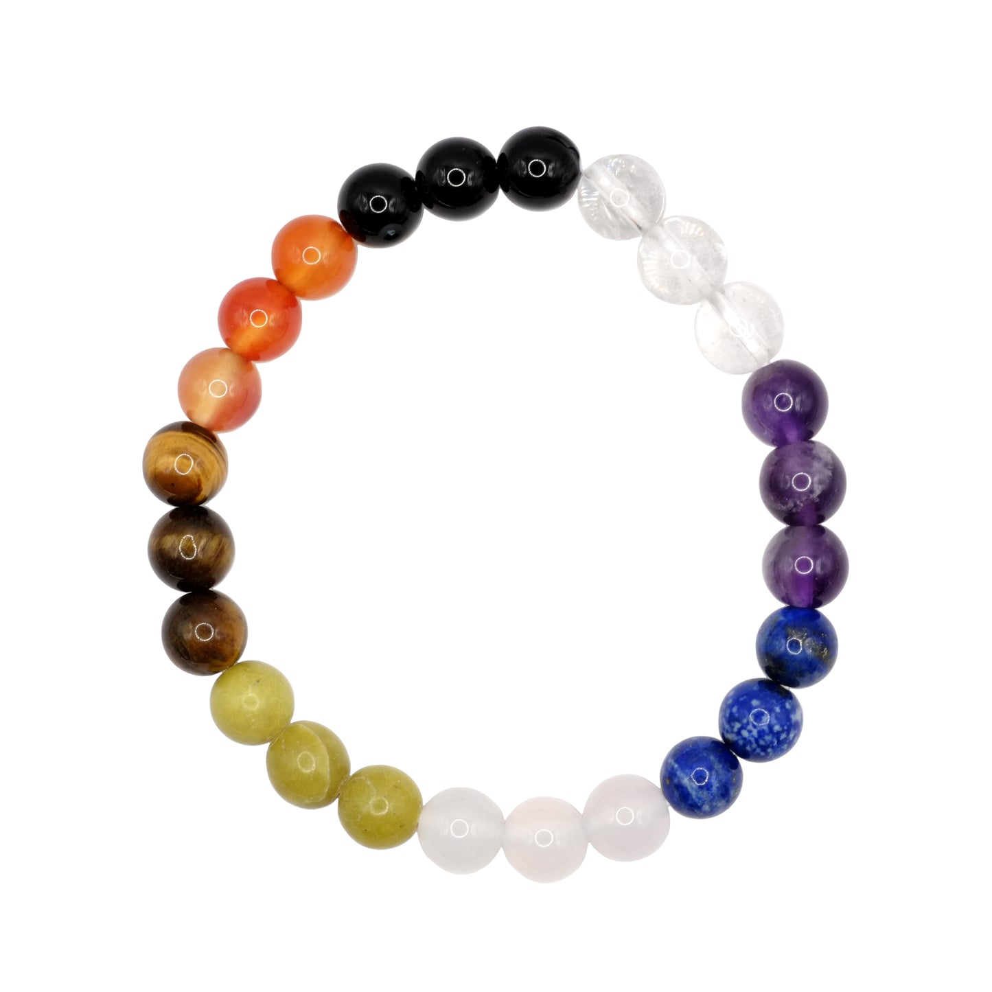Bracelet boule 7 chakras en pierres naturelles. Trois boules de chaque pierre. Grenat rouge, cornaline, oeil de tigre, jade néphrite, calcédoine bleue, lapis-lazuli, améthyste et cristal de roche.