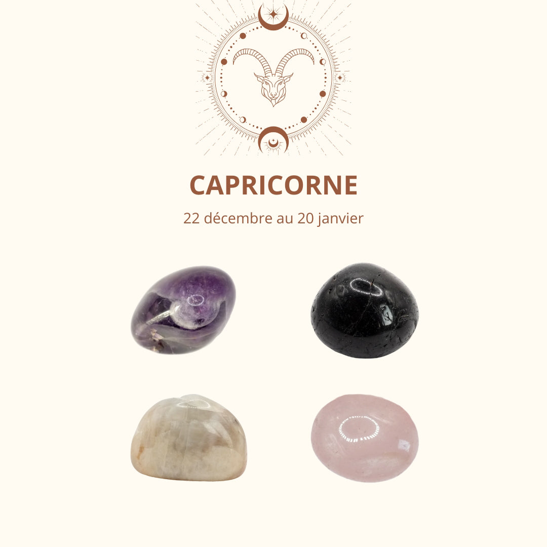 Les quatre pierres roulées du signe astrologique Capricorne - Améthyste, Obsidienne, Pierre de Lune, Quartz rose - Spiritaïa