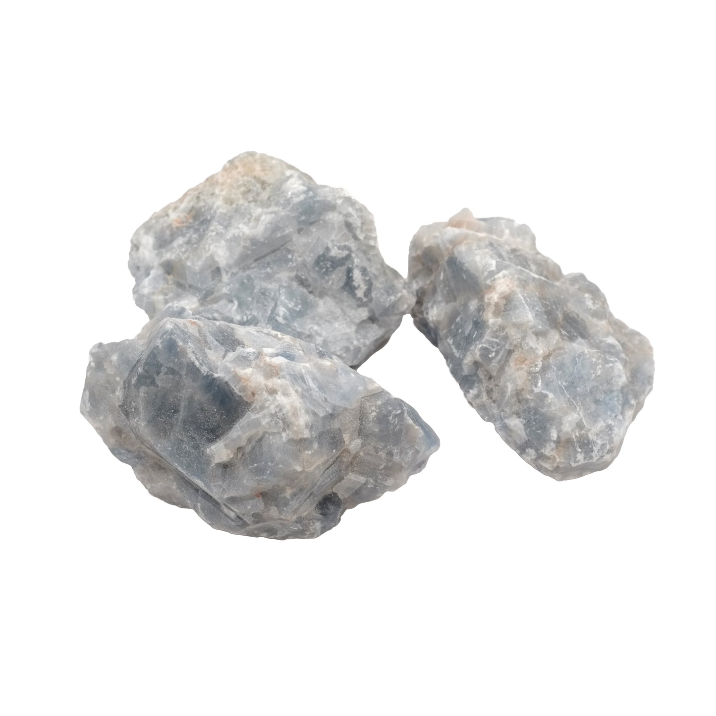 Photo de grandes pierres brutes en calcite bleue de qualité A provenant du Mexique.