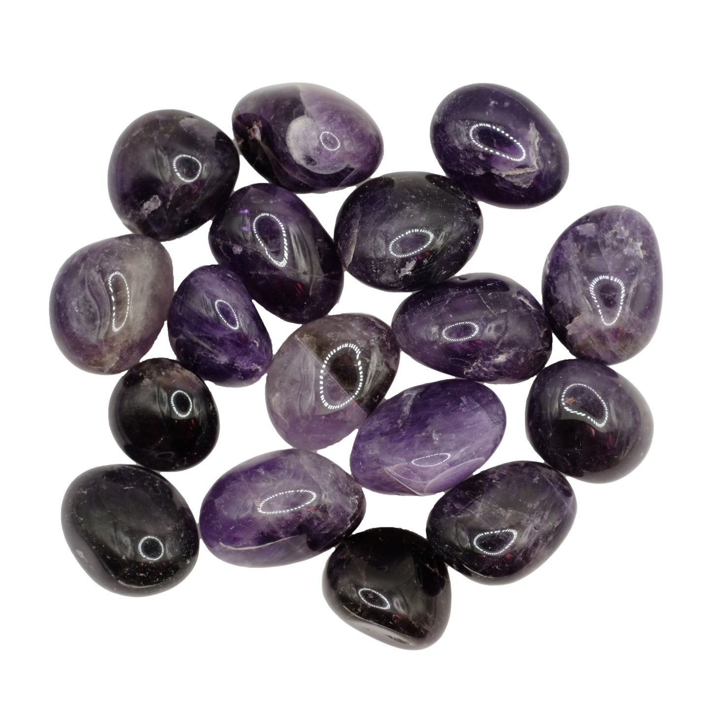 Ces pierres roulées en améthyste de qualité A proviennent d'Uruguay, et mesurent entre 2 et 3 cm.