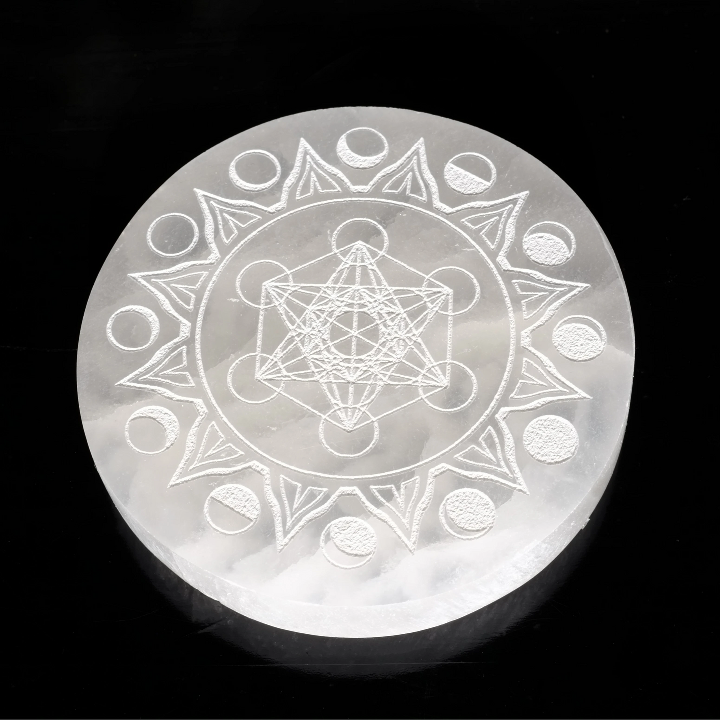 Plaque ronde en sélénite du Maroc de qualité A+ (Élevée), avec motif "Métatron".