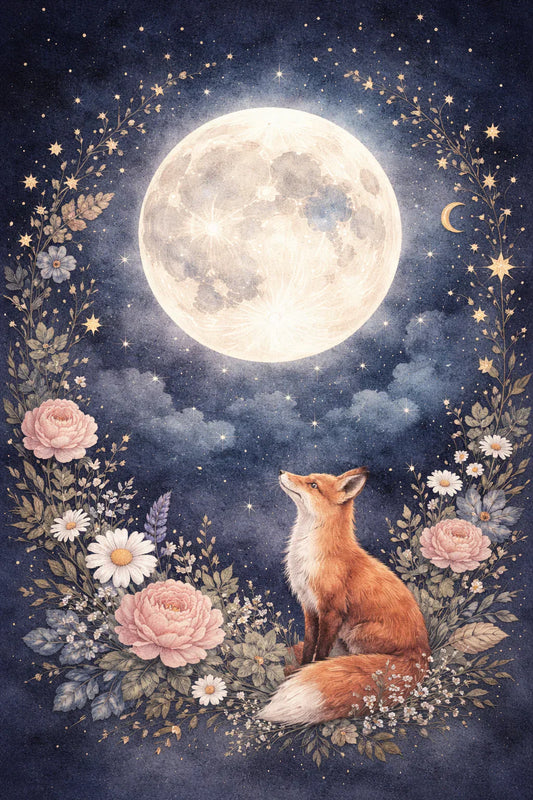 Illustration poétique de la pleine lune avec un renard et des fleurs – rituels lunaires et cycles de la lune | Spiritaïa