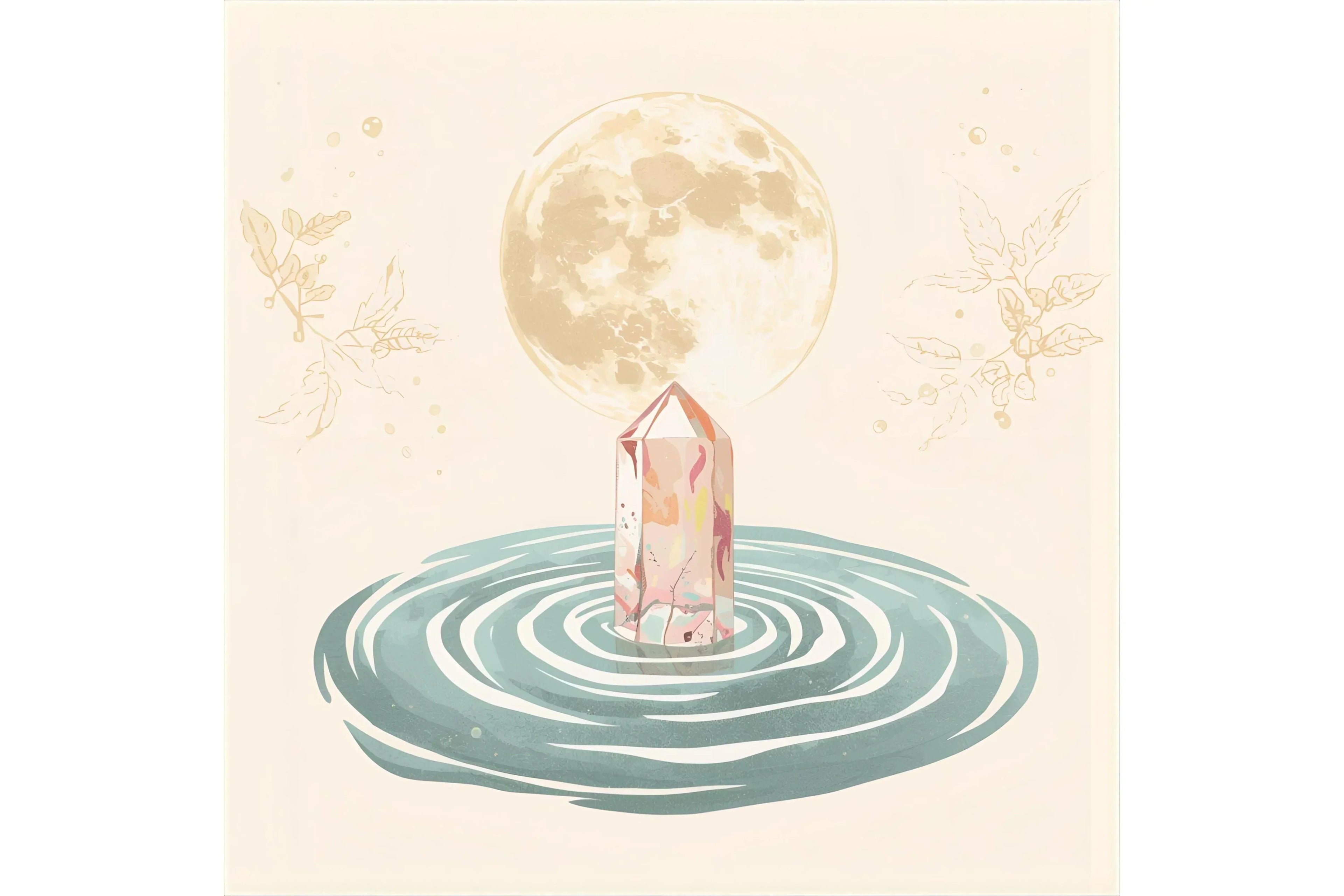 Cristaux naturels purifiant une eau de Lune pendant un rituel spirituel.