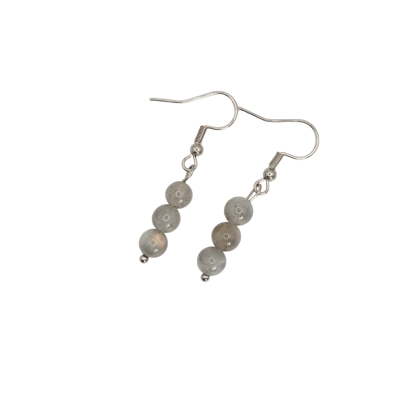 Boucles d'oreilles boules pendantes en labradorite de Madagascar.