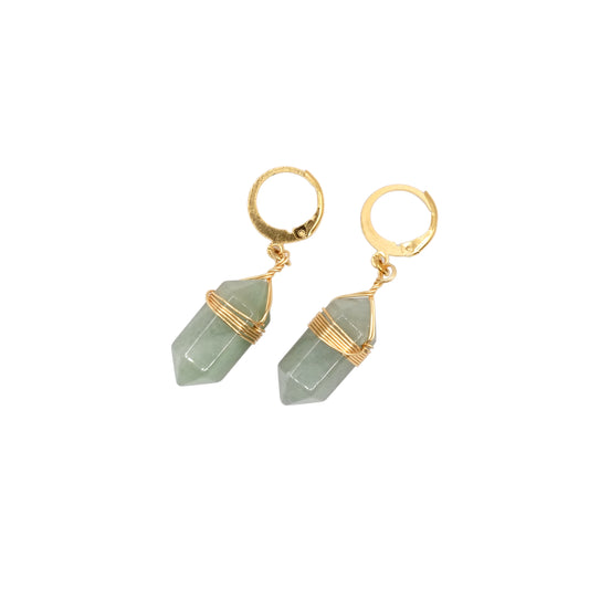Boucles d'oreilles pointe pendante en aventurine verte du Brésil, avec fermoir doré.