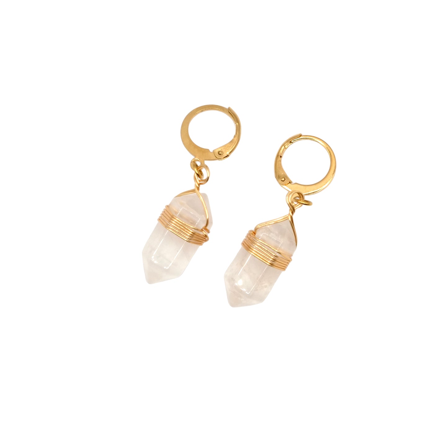 Boucles d'oreilles pointe pendante en cristal de roche du Brésil.