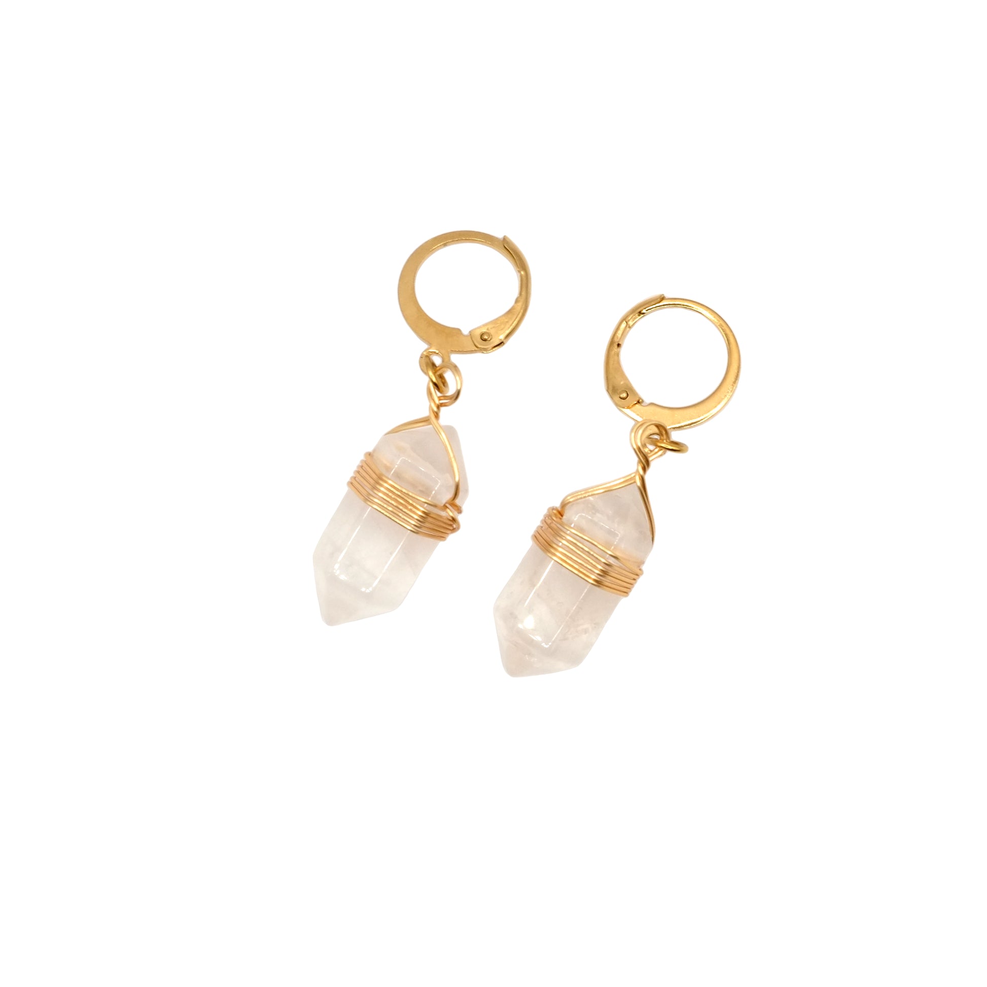 Boucles d'oreilles pointe pendante en cristal de roche du Brésil.