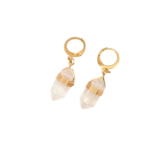 Boucles d'oreilles pointe pendante en cristal de roche du Brésil.