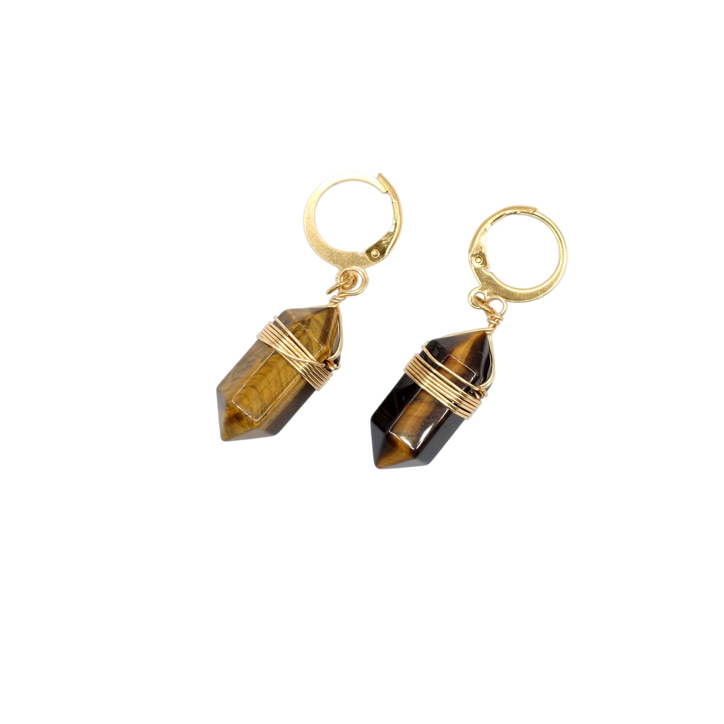 Boucles d'oreilles pointe pendante en oeil de tigre d'Afrique du Sud.