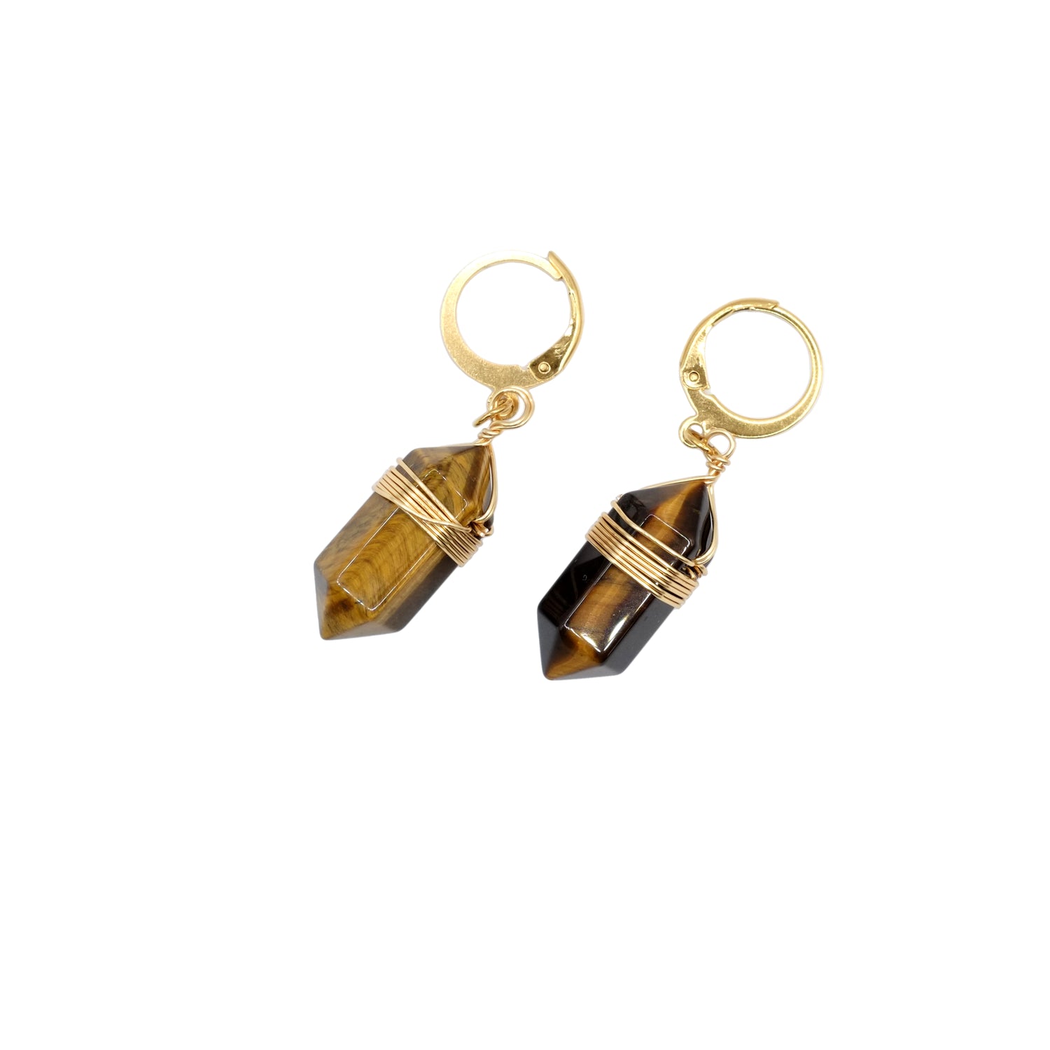 Boucles d'oreilles pointe pendante en oeil de tigre d'Afrique du Sud.