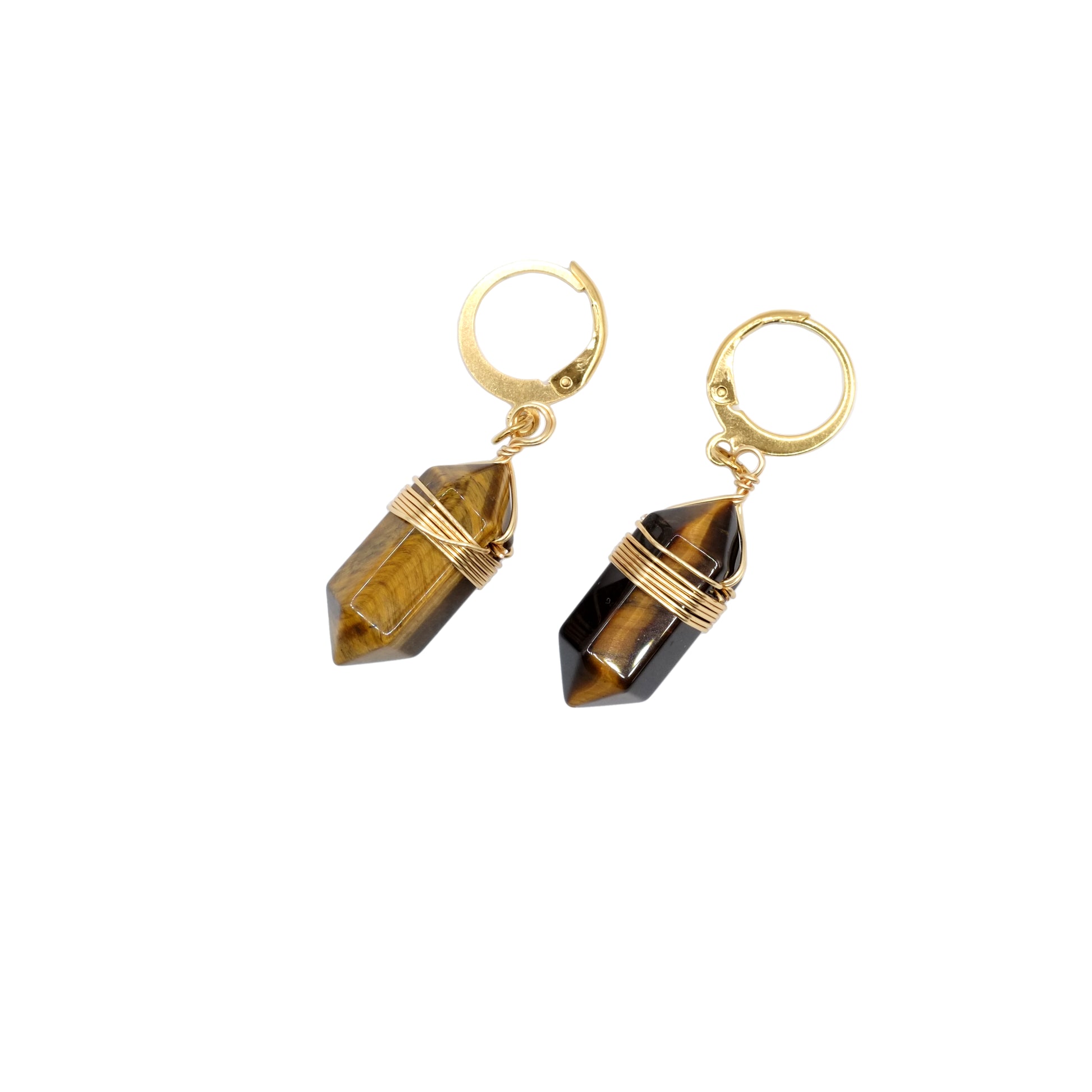 Boucles d'oreilles pointe pendante en oeil de tigre d'Afrique du Sud.