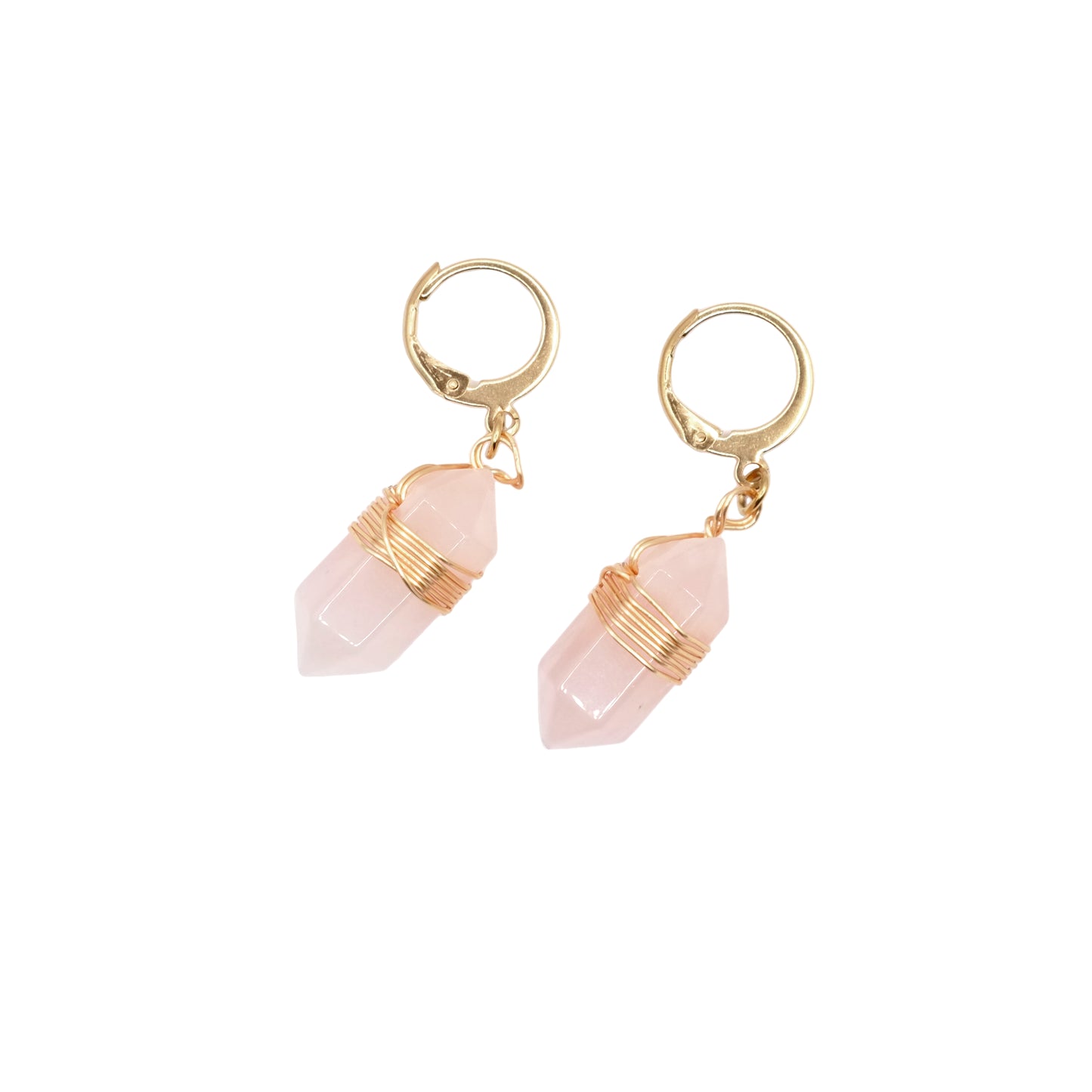 Boucles d'oreilles pointe pendante en quartz rose du Brésil.