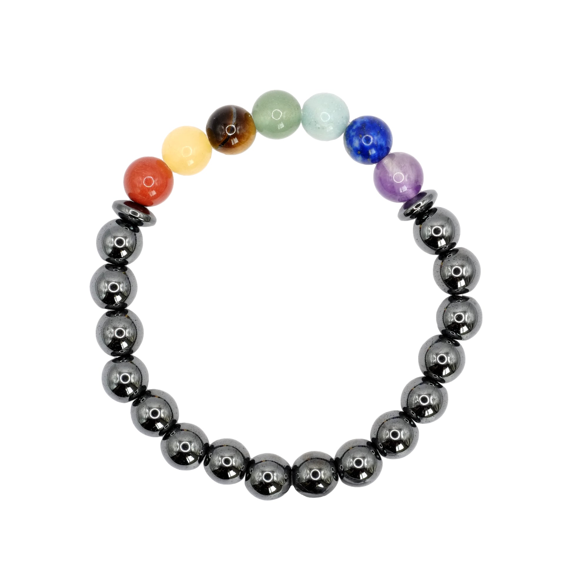 Bracelet boule 7 chakras et hématite. Composé d'une pierre naturelle pour chaque chakra : Jaspe rouge, calcite orange, oeil de tigre, jade néphrite, amazonite, lapis-lazuli et améthyste. Le reste du bracelet est en hématite.