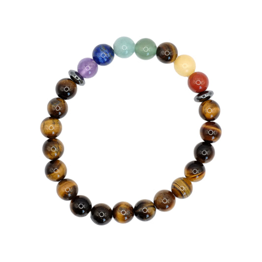 Bracelet boule 7 chakras et oeil de Tigre. Composé d'une pierre naturelle pour chaque chakra : Jaspe rouge, calcite orange, oeil de tigre, aventurine verte, amazonite, lapis-lazuli et améthyste. Le reste du bracelet est en oeil de Tigre.