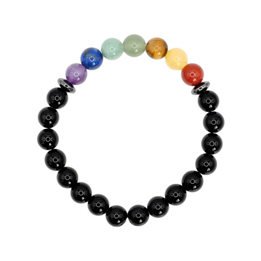 Bracelet boule 7 chakras et onyx. Composé d'une pierre naturelle pour chaque chakra : jaspe rouge, calcite orange, oeil de tigre, aventurine verte, amazonite, lapis-lazuli et améthyste. Le reste du bracelet est en onyx.