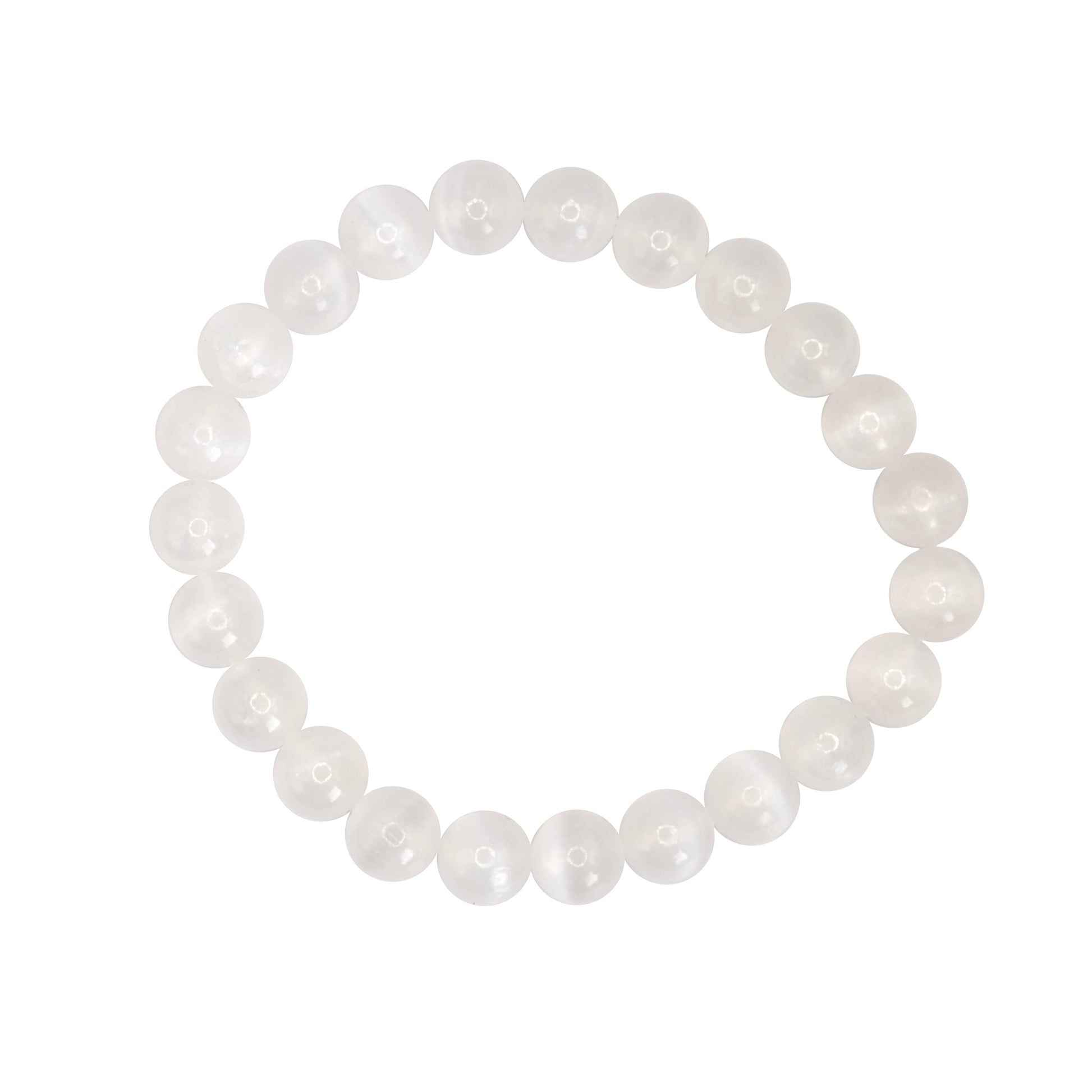 Bracelet boule en sélénite du Maroc de qualité AA. Tour de poignet : 18 - 20 cm. Taille 2 = 25/27 perles.