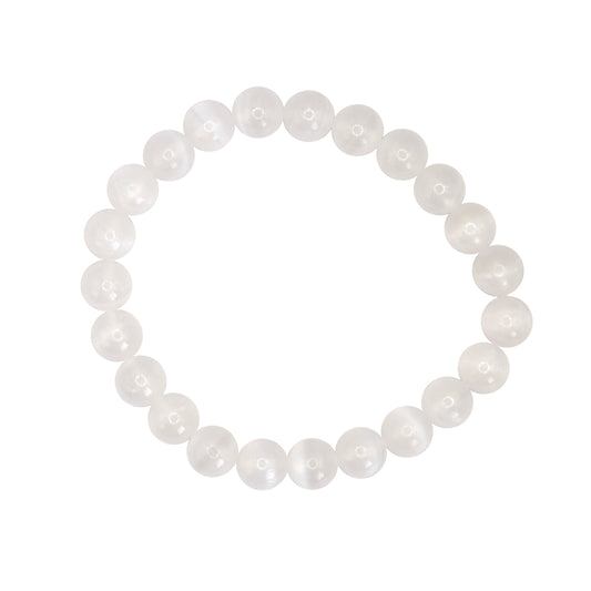 Bracelet boule en sélénite du Maroc de qualité AA. Tour de poignet : 18 - 20 cm. Taille 2 = 25/27 perles.