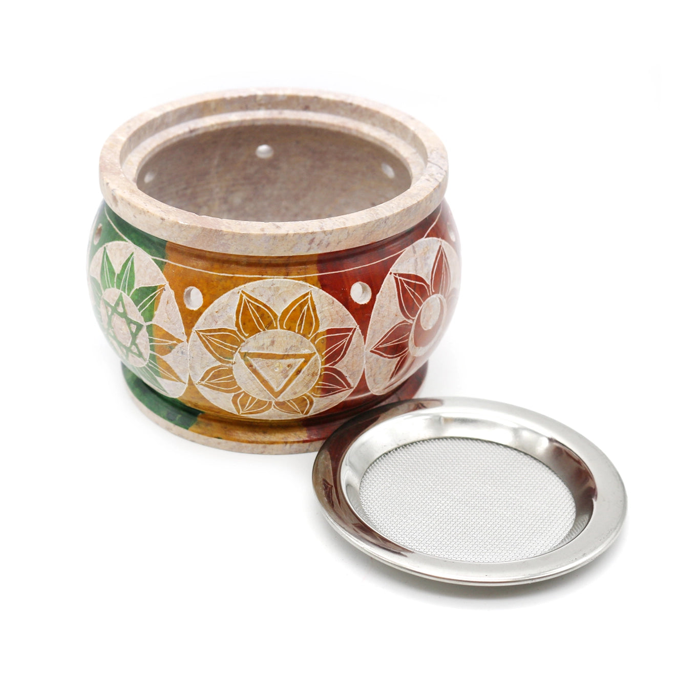 Brûle-encens en stéatite 7 chakras multicolore peints avec tamis amovible