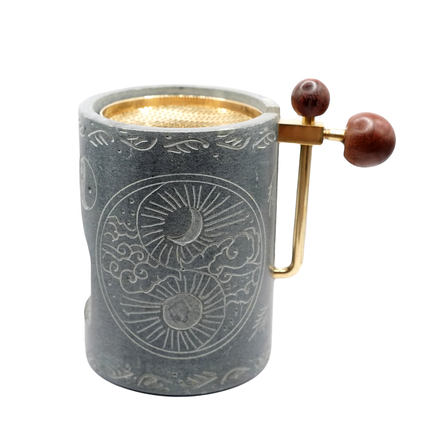 Brûleur pour résines d'encens en stéatite de couleur bleu/gris, réglable en hauteur, au motif gravé "Yin-Yang".