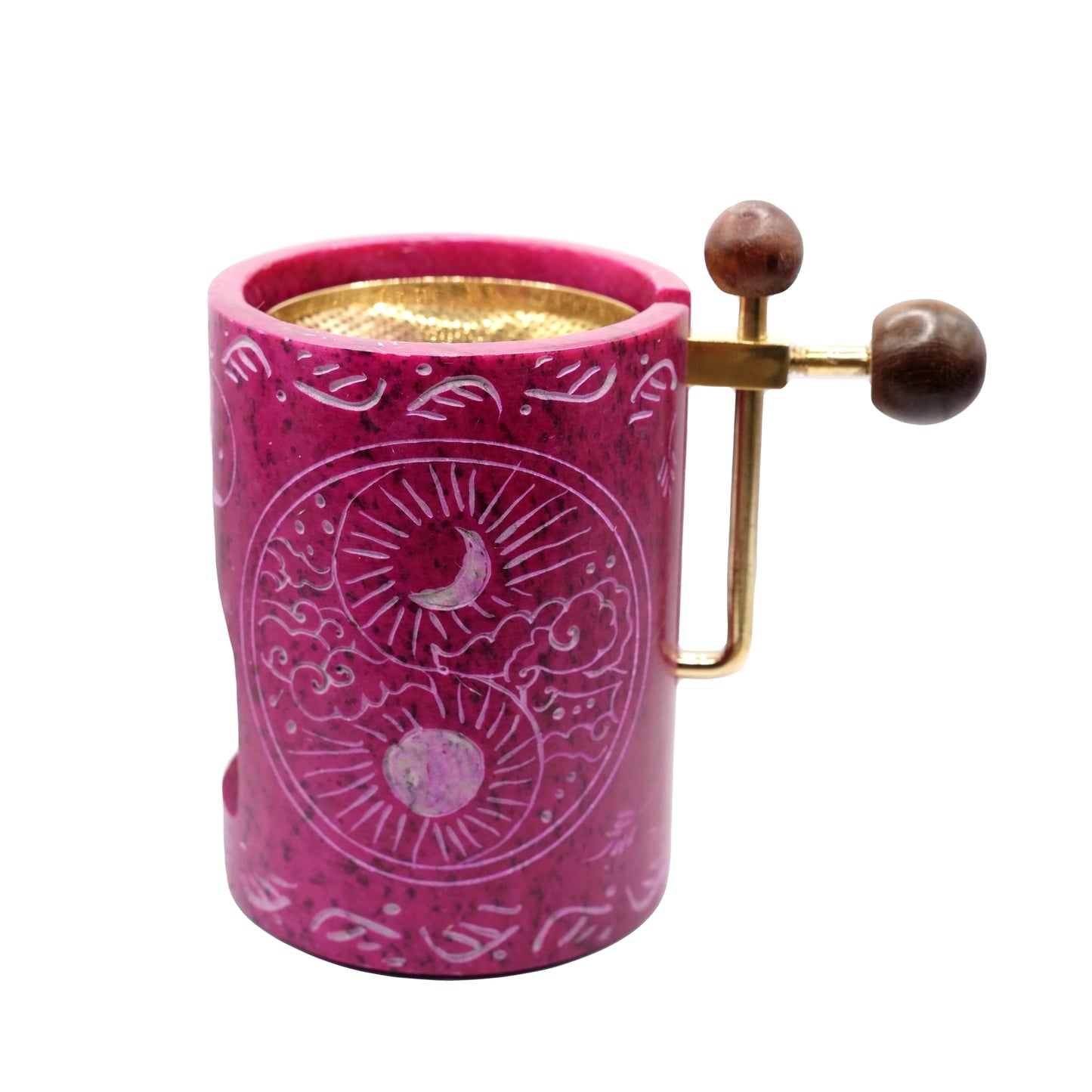 Brûleur pour résines d'encens en stéatite de couleur fuchsia, réglable en hauteur, au motif gravé "Yin-Yang".