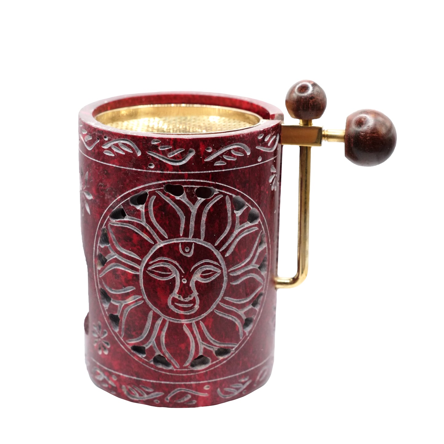 Brûleur pour résines d'encens en stéatite de couleur rouge, réglable en hauteur, au motif gravé "Soleil".