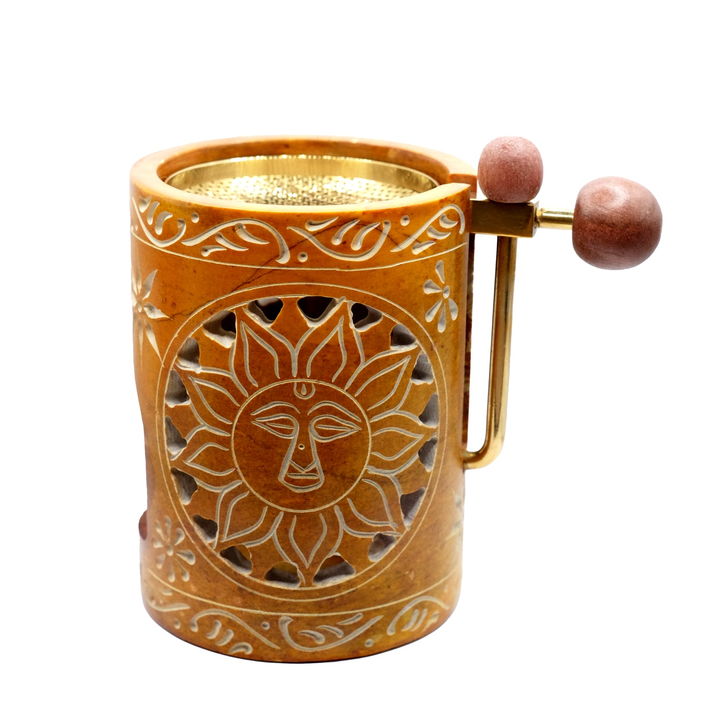 Brûleur pour résines d'encens en stéatite couleur terracotta, réglable en hauteur, au motif gravé "Soleil".