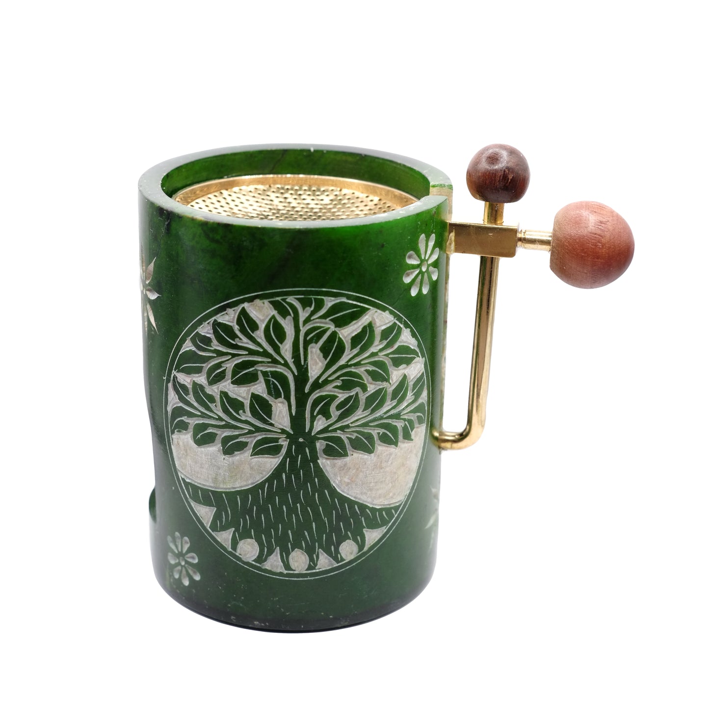 Brûleur pour résines d'encens en stéatite de couleur verte, réglable en hauteur, au motif gravé "Arbre de vie".