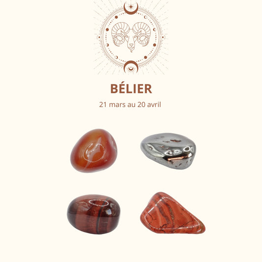 Les quatre pierres roulées du signe astrologique Bélier - Cornaline, Hématite, Oeil de Taureau, Jaspe rouge - Spiritaïa