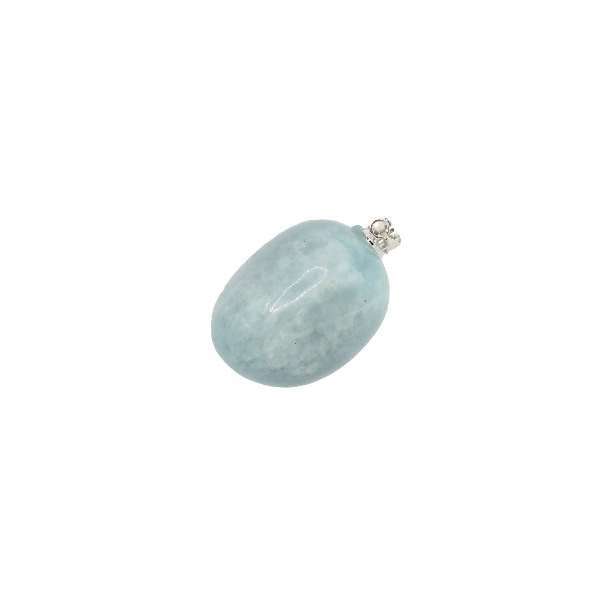 Pendentif pierre roulée en aigue-marine du Brésil de qualité AA, de couleur bleu clair / bleu dragée et de forme ronde.