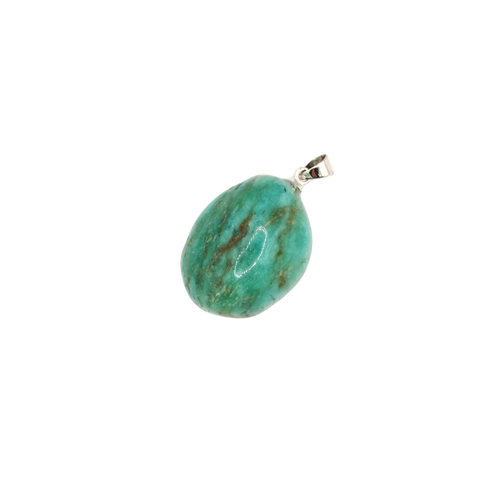 Pendentif pierre roulée en amazonite du Pérou de qualité A, de couleur vert avec des tigrures marron et de forme ronde.
