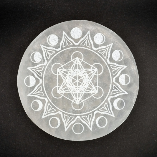 Plaque ronde en sélénite du Maroc de qualité A+ (Élevée), avec motif "Métatron".
