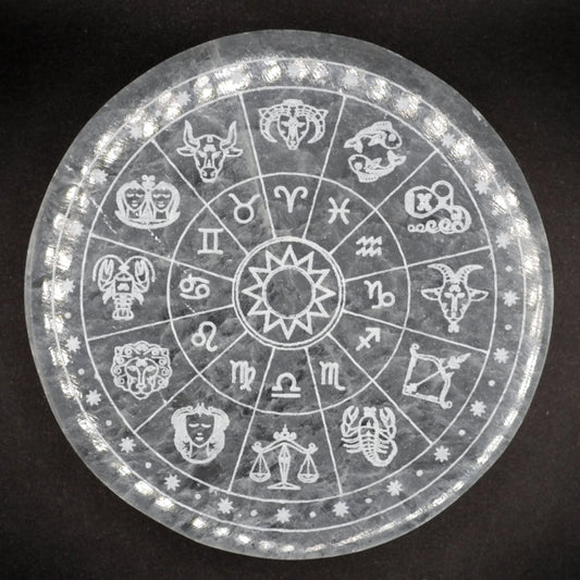 Plaque ronde en sélénite du Maroc de qualité A+ (Élevée), avec motif "roue du zodiaque".
