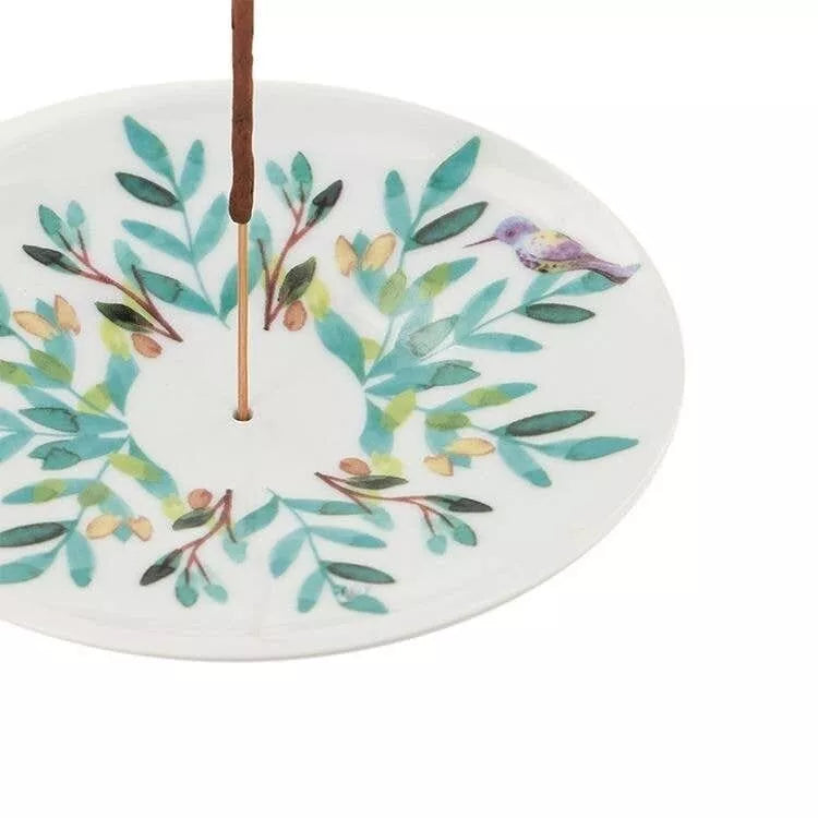 Porte-encens coupelle en porcelaine Aquarelle fleurs et oiseau