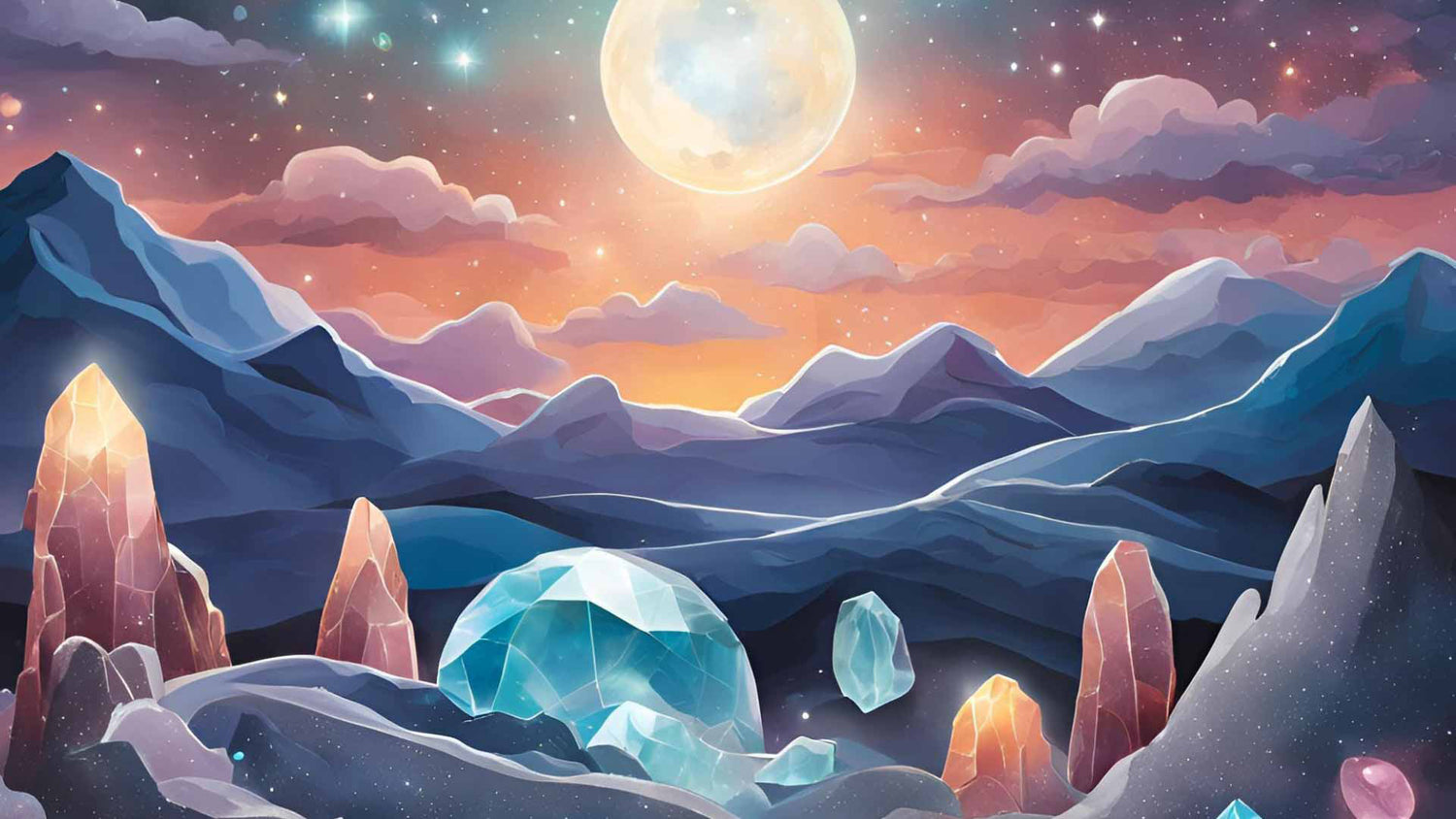 Image d'un décor montagneux avec des cristaux éclairés par la lune et le ciel étoilé.