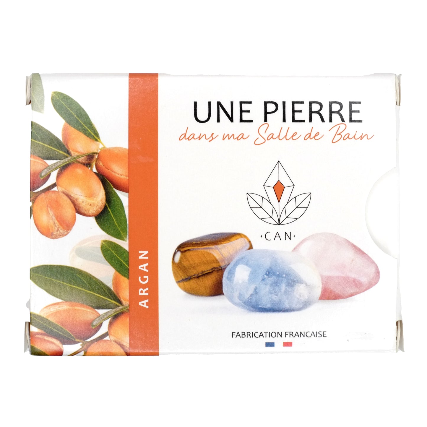 Un savon senteur argan avec une pierre minérale naturelle à l'intérieur. Savon saponifié à froid, naturel et végan.