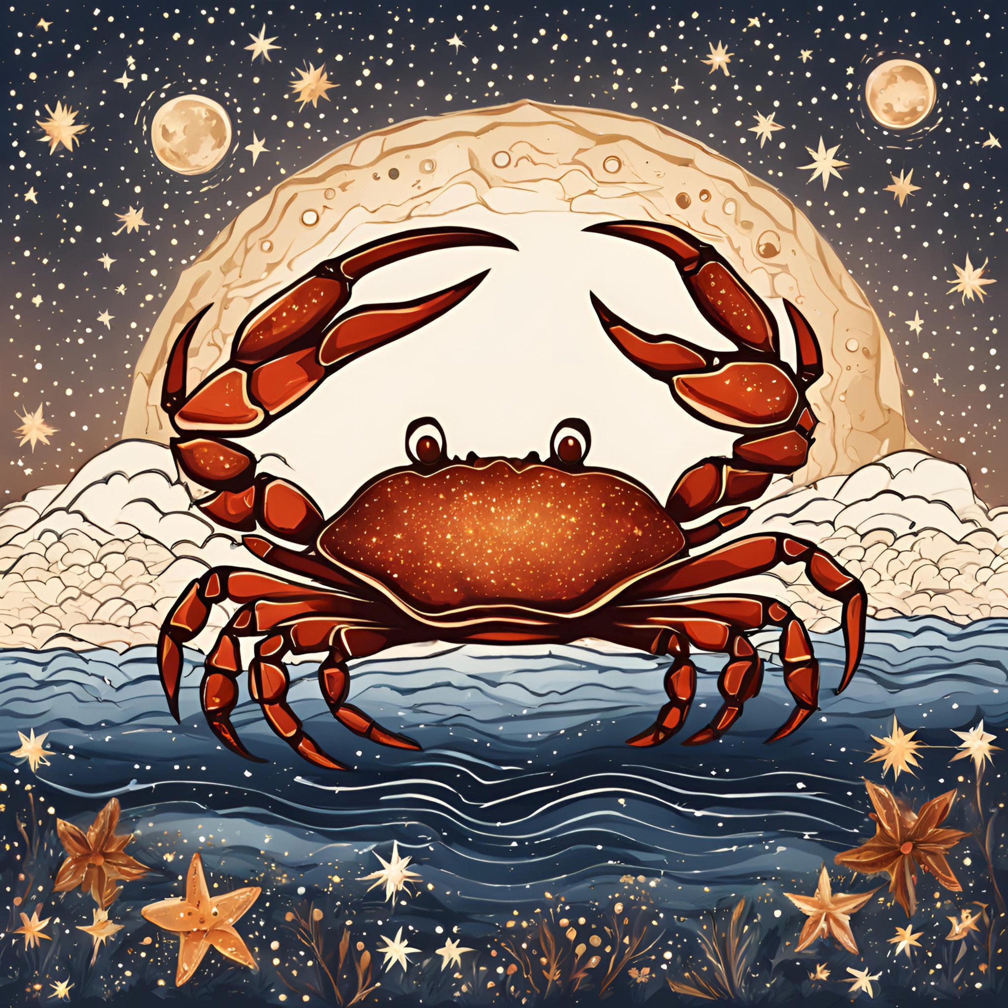 Un dessin de crabe représentant le signe astrologique cancer. Il se tient debout sur l'eau et est devant un fond de planètes et de ciel étoilé.